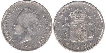 Cy16701D.-ALFONSO XIII - 5 Pesetas 1893  (18-93) PGL, MBC- plata