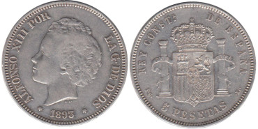 Cy16701E.-ALFONSO XIII - 5 Pesetas 1893  (18-93) PGL, MBC, Plata