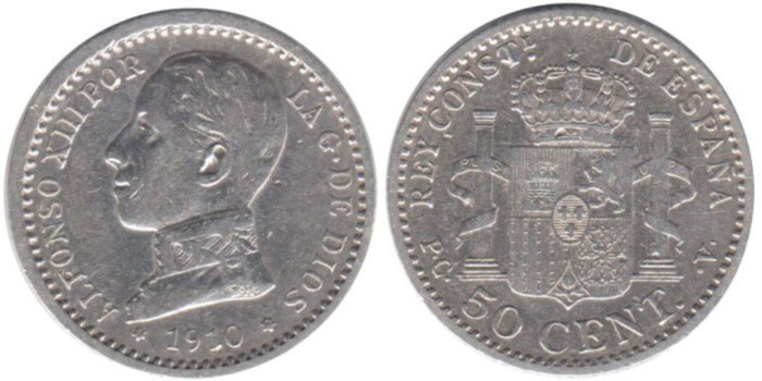 Cy16669H.-ALFONSO XIII - 50 Céntimos 1910 (1-0) PCV, EBC  plata