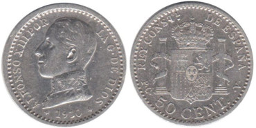 Cy16669H.-ALFONSO XIII - 50 Céntimos 1910 (1-0) PCV, EBC  plata