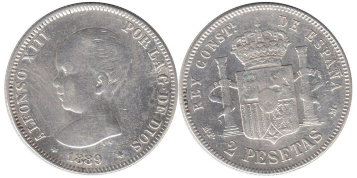 Cy16688E.-ALFONSO XIII - 2 Pesetas 1889 (18,--) MBC plata