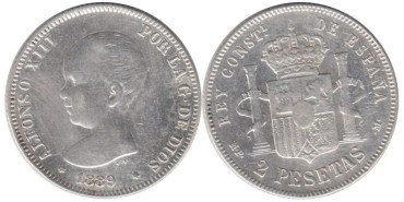 Cy16688E.-ALFONSO XIII - 2 Pesetas 1889 (18,--) MBC plata