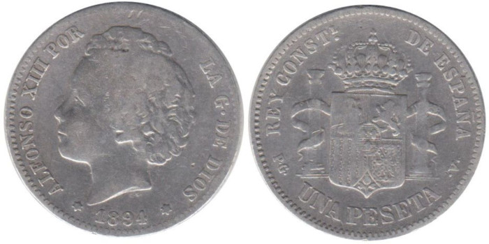 Cy16674C.-ALFONSO XIII - 1 Peseta 1894 PGV, BC