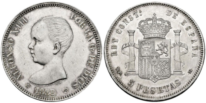 Cy16695G.-ALFONSO XIII - 5 Pesetas 1889/18-89 MPM. EBC