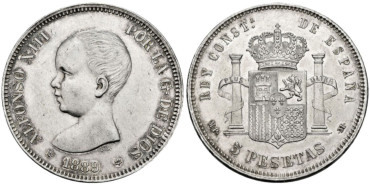 Cy16695G.-ALFONSO XIII - 5 Pesetas 1889/18-89 MPM. EBC