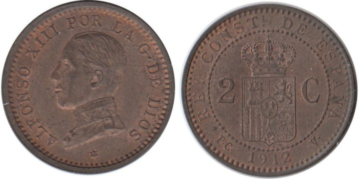 Cy16654K.-ALFONSO XIII - 2 Céntimos 1912 PCV, SC