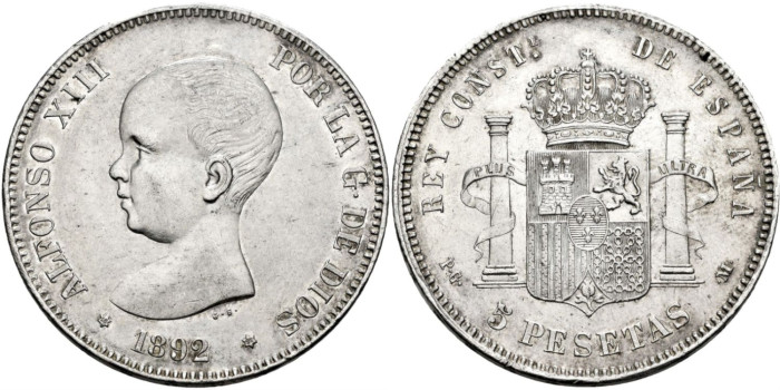 Cy16699H.- ALFONSO XIII - 5 Pesetas 1892 PGM "PELON"- EBC
