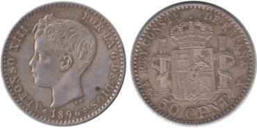 Cy16664H.-ALFONSO XIII - 50 Céntimos 1896 (9-6) PGV , EBC