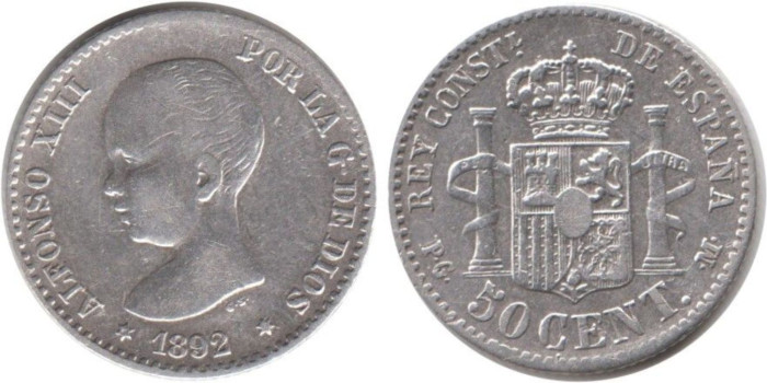 Cy16658E.-ALFONSO XIII - 50 Céntimos 1892 sobre 89 (9-2) PGM, MBC