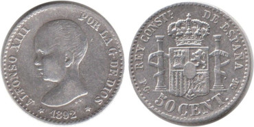 Cy16658E.-ALFONSO XIII - 50 Céntimos 1892 sobre 89 (9-2) PGM, MBC