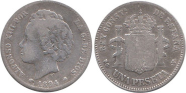 Cy16674C.-ALFONSO XIII - 1 Peseta 1894 PGV, BC-