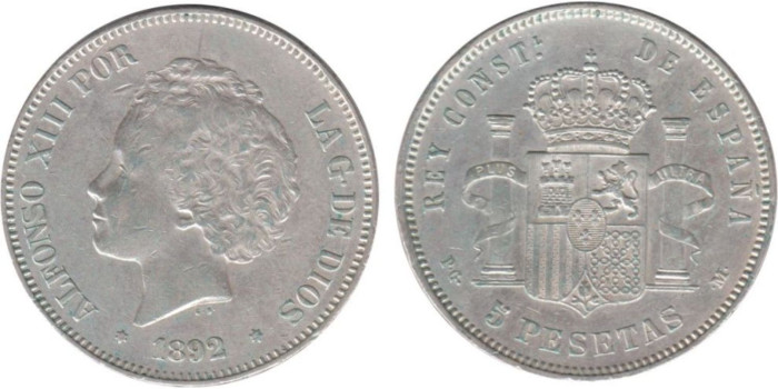 Cy16700F.-ALFONSO XIII - 5 Pesetas 1892 PGM bucles , MBC+