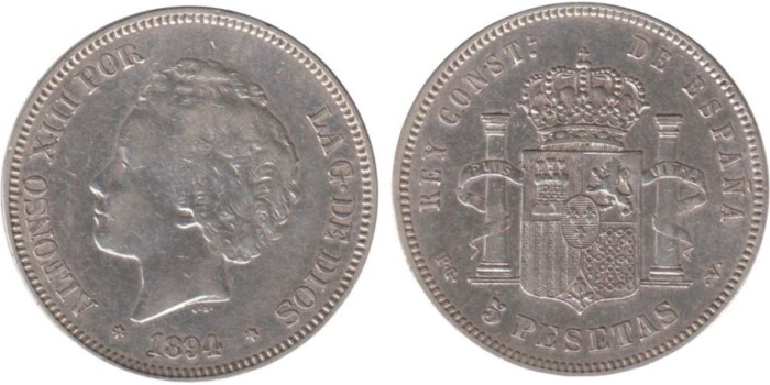 Cy16703F.-ALFONSO XIII - 5 Pesetas 1894 PGV, MBC+