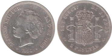 Cy16703F.-ALFONSO XIII - 5 Pesetas 1894 PGV, MBC+