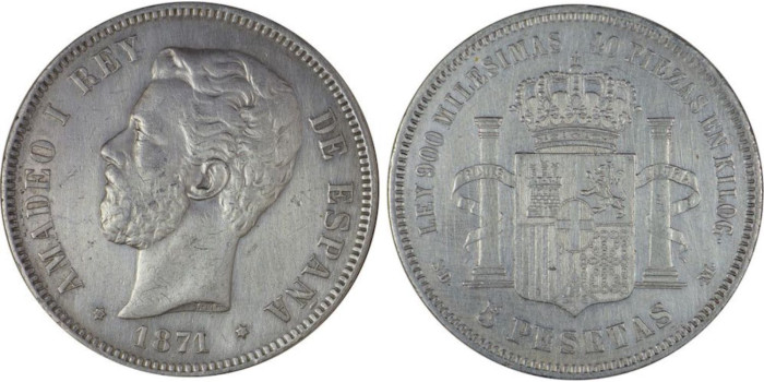 Cy16529F.-AMADEO I - 5 Pesetas 1871/71 MBC+