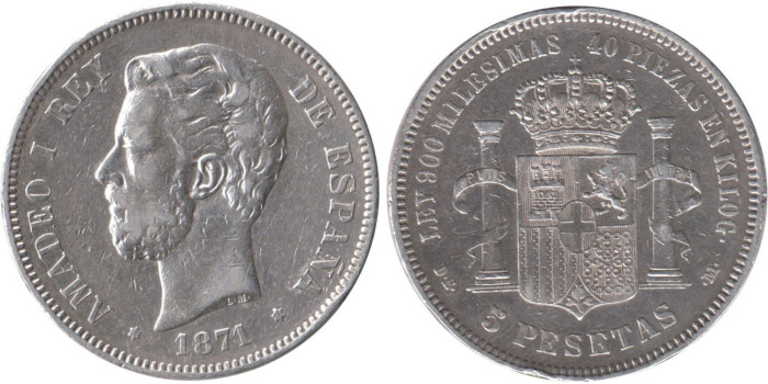Cy16534E.-AMADEO I - 5 Pesetas 1871/75 MBC