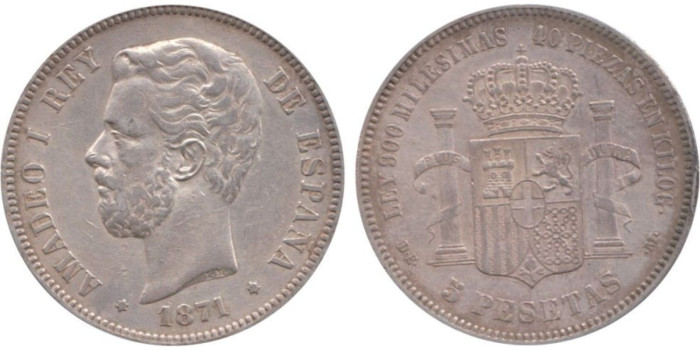 Cy16534F.-AMADEO I - 5 Pesetas 1871/75 MBC+