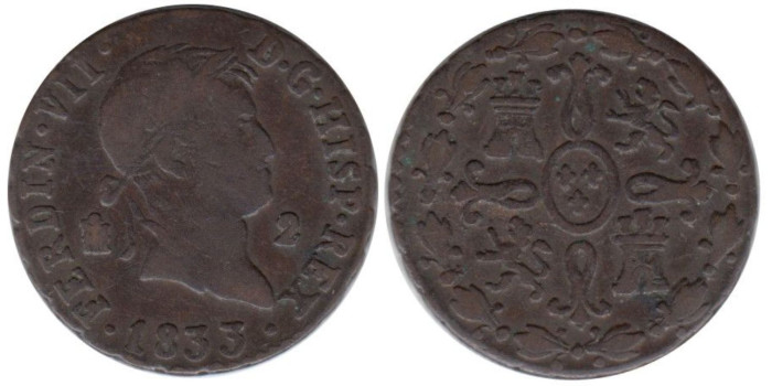 Cy13946.-FERNANDO VII - 2 Maravedís 1833 Segovia - BC+ cobre