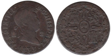 Cy13946.-FERNANDO VII - 2 Maravedís 1833 Segovia - BC+ cobre