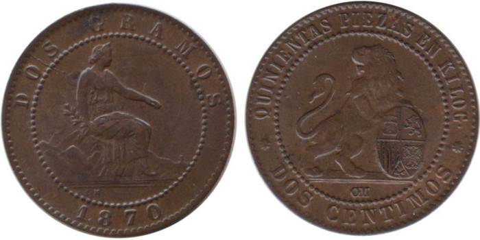 Cy16499F.-G.P Y I REPUBLICA - 2 Céntimos 1870, EBC