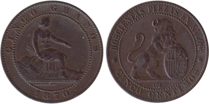 Cy16500F.-G.P Y I REPUBLICA - 5 Céntimos 1870, MBC+