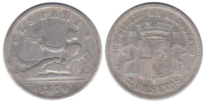 Cy16517C.-G.P Y I REPUBLICA -  2 Pesetas 1870/73 BC+