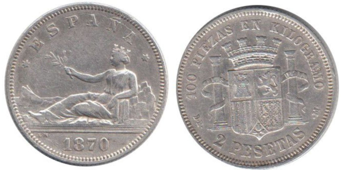 Cy16517F.-G.P Y I REPUBLICA -  2 Pesetas 1870/73 MBC+