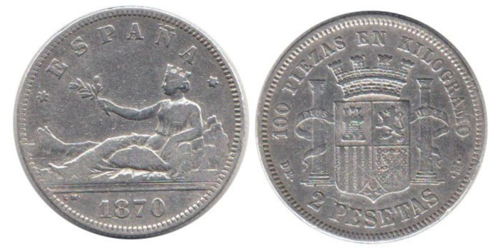 Cy16518E.-G.P Y I REPUBLICA -  2 Pesetas 1870/74 MBC