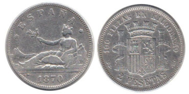 Cy16518E.-G.P Y I REPUBLICA -  2 Pesetas 1870/74 MBC