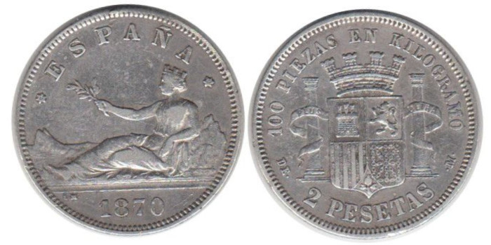 Cy16518F.-G.P Y I REPUBLICA - 2 Pesetas 1870/74 MBC+