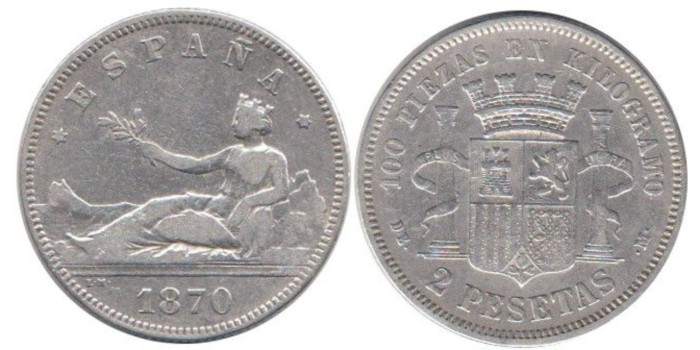 Cy16519C.-G.P Y I REPUBLICA -  2 Pesetas 1870/75 BC