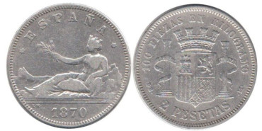 Cy16519C.-G.P Y I REPUBLICA -  2 Pesetas 1870/75 BC