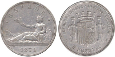 Cy16523E.-G.P Y I REPUBLICA - 5 Peseta 1870/70 MBC