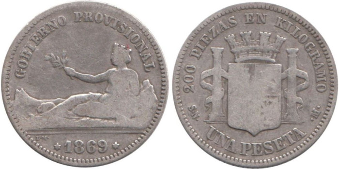 Cy16508C.-G.P Y I REPUBLICA - 1 Peseta 1869 GP SNM, BC plata