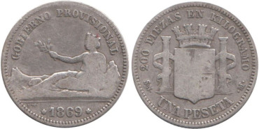 Cy16508C.-G.P Y I REPUBLICA - 1 Peseta 1869 GP SNM, BC plata