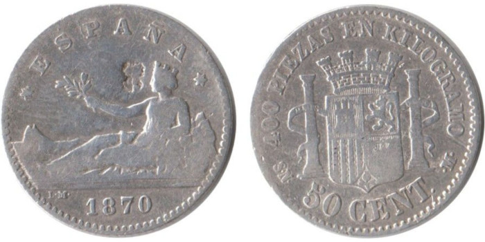 Cy16507C.-G.P Y I REPUBLICA - 50 Céntimos 1870. BC resellada