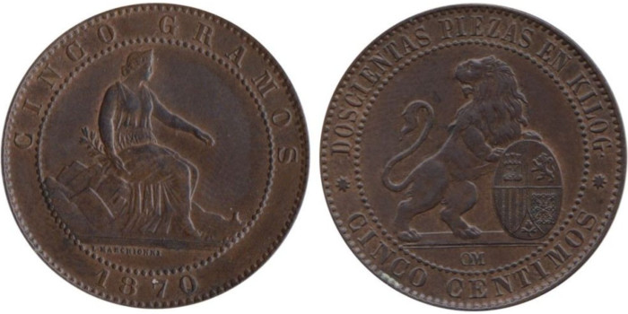 Cy16500K.-G.P Y I REPUBLICA - 5 Céntimos 1870, EBC+