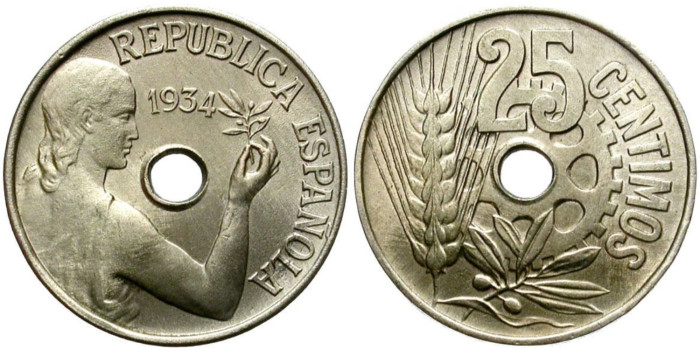 Cy16727J.-II REPUBLICA - 25 Céntimos 1934 SC