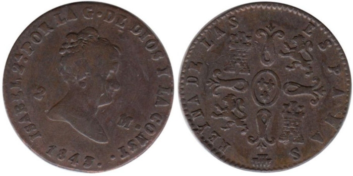 Cy15674.-ISABEL II -2 Maravedís 1845 Segovia - MBC+