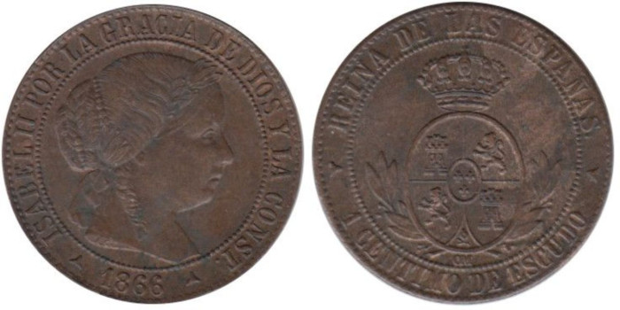 Cy15709.-ISABEL II - 1 Céntimo de Escudo 1866 Segovia OM, MBC+