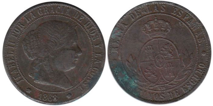 Cy15882.-ISABEL II -5 Cents.. De Escudo 1868 Barcelona OM, MBC+