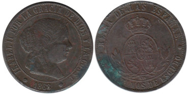 Cy15882.-ISABEL II -5 Cents.. De Escudo 1868 Barcelona OM, MBC+