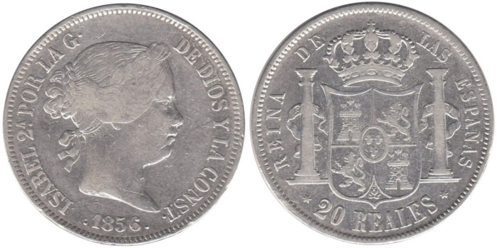 Cy16299.-ISABEL II -20 Reales 1856 Madrid, BC+- plata