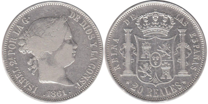 Cy16314.-ISABEL II -20 Reales 1861 Madrid, MBC-  plata