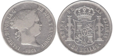 Cy16314.-ISABEL II -20 Reales 1861 Madrid, MBC-  plata