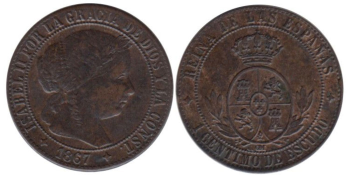 Cy15712.-ISABEL II -1 Ctm ESCUDO 1867 OM, Jubia, MBC+