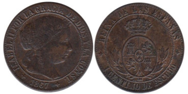 Cy15712.-ISABEL II -1 Ctm ESCUDO 1867 OM, Jubia, MBC+