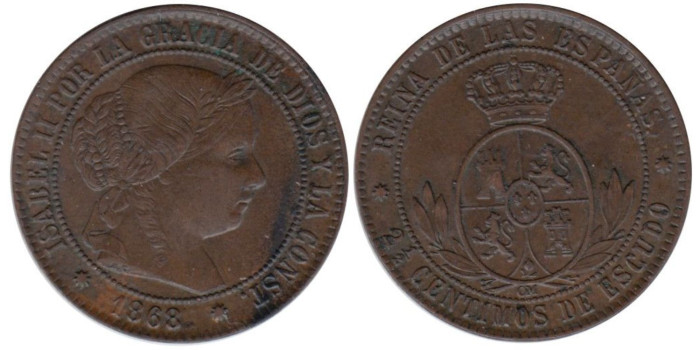 Cy15797.-ISABEL II - 2 1/2 Ctm ESCUDO 1868 OM, BARCELONA, EBC