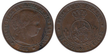 Cy15797.-ISABEL II - 2 1/2 Ctm ESCUDO 1868 OM, BARCELONA, EBC