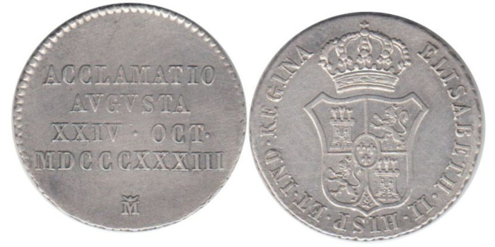 Cy15975.-ISABEL II - Medalla aclamatioi augusta, MADRID 24-OCT-1833,- modulo 2 reales plata